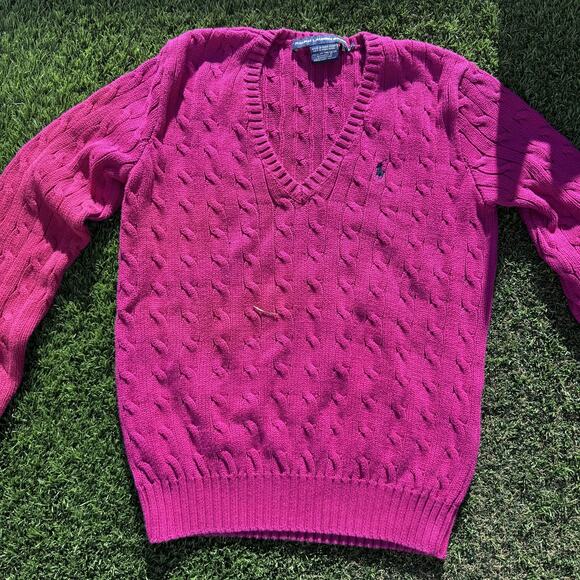 Ralph Lauren Sport Sweater‎ Womens Large Pink Cable Knit V Neck Pullover Cotton - Picture 2 of 9